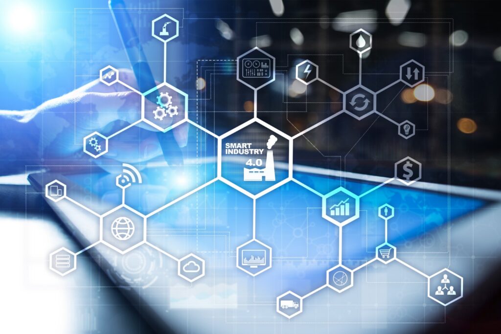 67238 Industry 4.0 Concept Smart Factory Structure With Icons. Flow Automation And Data Exchange. Modern Manufacturing Technologies 1024x683